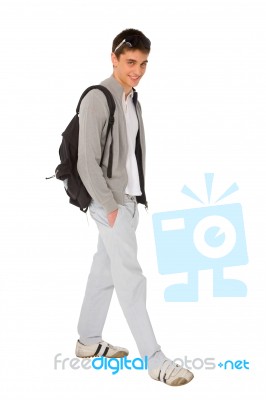 Teenage Boy Carrying Rucksack Stock Photo