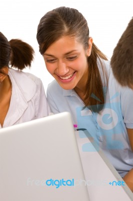 Teenage Students With Laptop Stock Photo