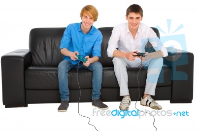 Teenagers Playing Computer Game Stock Photo