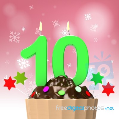 Ten Candle On Cupcake Shows Colourful Event Or Birthday Party Stock Image