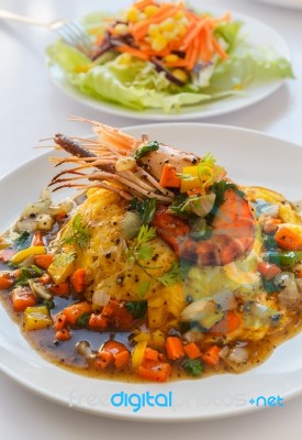 Thai Food Melet With Prawn In Black Pepper Sauce Stock Photo