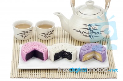 Three Mooncake With Tea Stock Photo