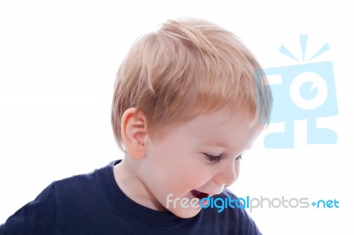 Toddler Blond And Blue Eyes Boy Child With Various Facial Expres… Stock Photo