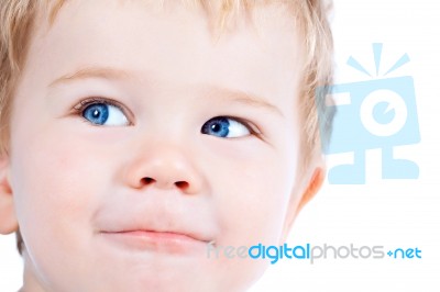 Toddler Blond And Blue Eyes Boy Child With Various Facial Expres… Stock Photo