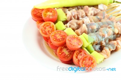 Tomato Of Fresh Pork Barbecue Before Grilled Preparation Stock Photo