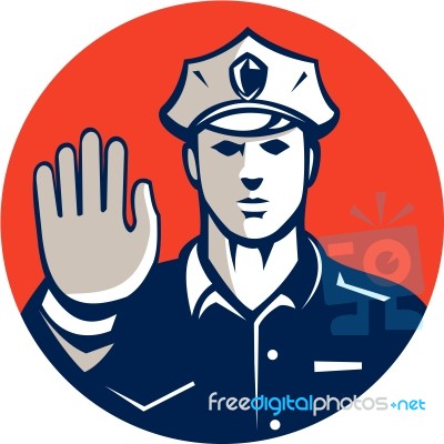 Traffic Policeman Hand Stop Sign Circle Retro Stock Image
