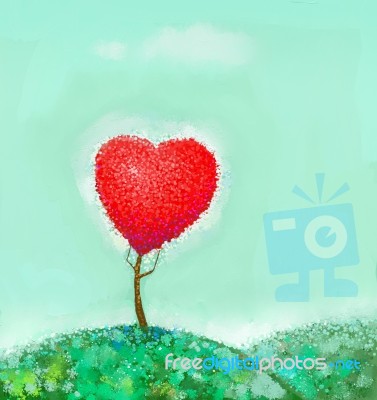 Tree With Red Heart.painting Stock Image