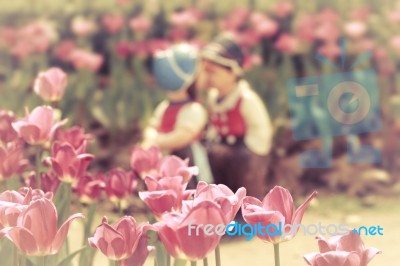 Two Kissing Dolls In Tulip Garden Stock Photo