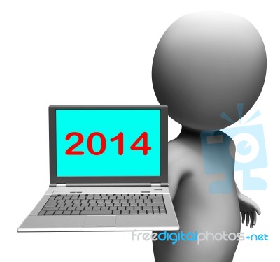 Two Thousand And Fourteen Character And Laptop Shows New Year 20… Stock Image