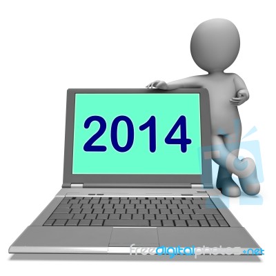 Two Thousand And Fourteen Character And Laptop Shows Year 2014 Stock Image