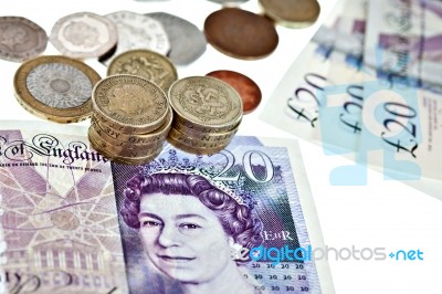 Uk Sterling Money Notes And Coins Stock Photo