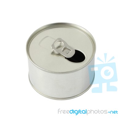 Upper Tin Can With Ring Opened On White Background Stock Photo