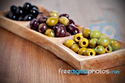 Variety Of Green, Black And Mixed Marinated Olives Stock Photo