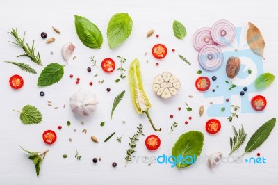 Various Fresh Herbs For Cooking Ingrediens Peppermint , Sweet Ba… Stock Photo
