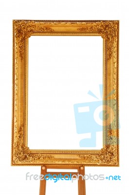 Vintage Gold Picture Frame With Wooden Easel Isolated On White Stock Photo