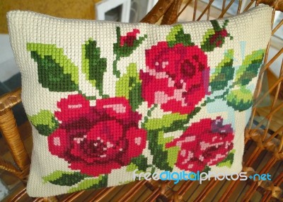 Vintage Pillow With Embroidery Stock Photo