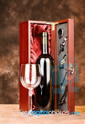 Vintage Wine With Glasses And Case Stock Photo