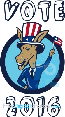 Vote 2016 Democrat Donkey Mascot Flag Circle Cartoon Stock Image