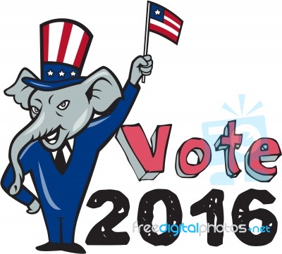 Vote 2016 Republican Mascot Waving Flag Cartoon Stock Image
