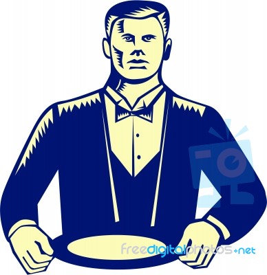 Waiter Cravat Serving Plate Woodcut Stock Image