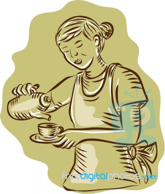 Waitress Pouring Tea Cup Vintage Etching Stock Image