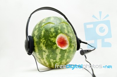 Watermelon Wearing Headset Stock Photo