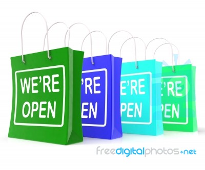 We're Open Shopping Bags Shows New Store Launch Stock Image