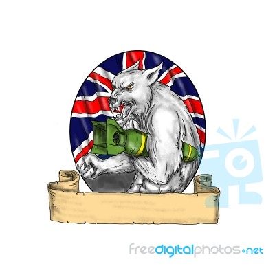 White Wolf Holding Bomb British Flag Tattoo Stock Image