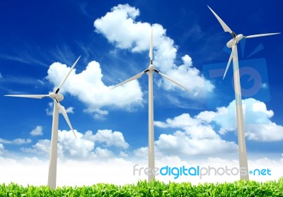 Wind Turbines, Green Wheat Fields Stock Photo