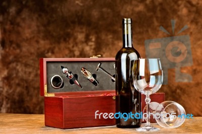 Wine Bottle And Two Wine Glasses Stock Photo