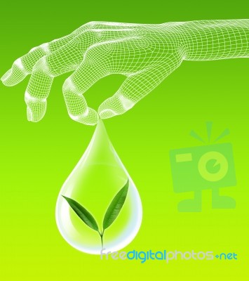 Wireframe Hand Holding Water Drop Stock Photo