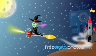 Witch Fly With Motor Broomstick  From Her Castle Stock Image