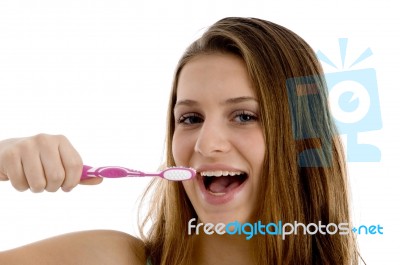 Woman Brushing Her Teeth Stock Photo