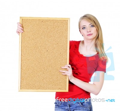 Woman Holding Cork Board Stock Photo