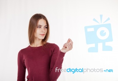 Woman Holds In Her Hand An Imaginary Credit Card Stock Photo