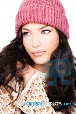 Woman In Wool Sweater And Cap Stock Photo