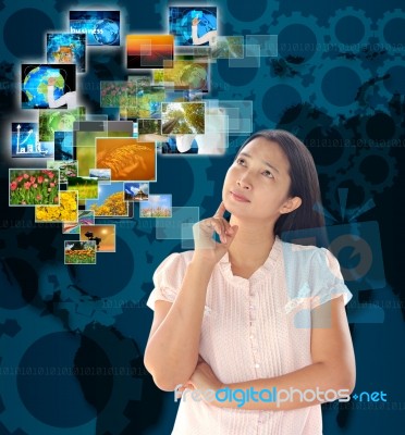 Woman Looking Button Streaming Multimedia From Internet Stock Photo