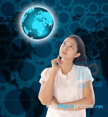 Woman Looking World Technology Stock Photo