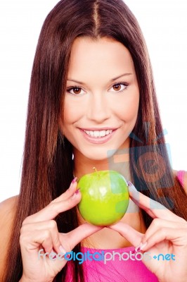 Woman With Green Apple Stock Photo
