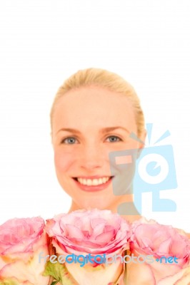 Woman With Three Roses Stock Photo