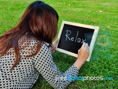 Woman Write Relax Word Stock Photo Woman Write Relax Word Stock Photo