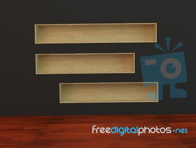Wood Book Shelf Built-in  Wall On Black Background Stock Image
