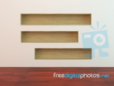 Wood Book Shelf Built In Wall On Blue Background Stock Image