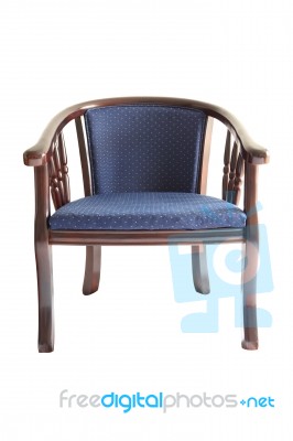 Wooden Armchair With Blue Fabric On White Background Stock Photo