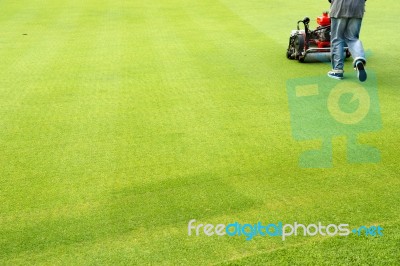 Worker Cutting Grass On Golf course Stock Photo