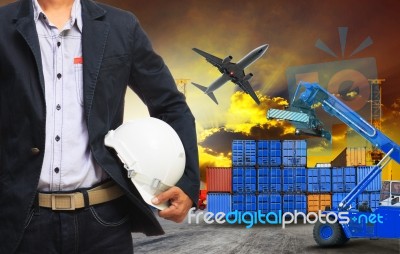 Working Man And Container Dock In Land ,air Cargo Logistic Freig… Stock Photo