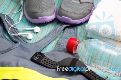 Workout Set With Sport Clothing And Heart Rate Monitor Stock Photo