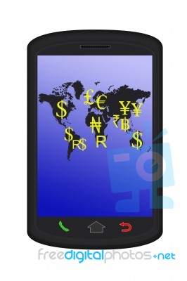 World Currency In Smart Phone Stock Image