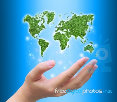 World Map And Women Hand Stock Photo