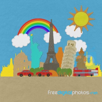 World Travel Concept With Stitch Style On Fabric Background Stock Image